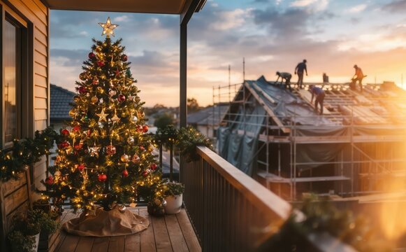Decorated Christmas tree on balcony overlooking construction site at sunset representing contrast and modern development