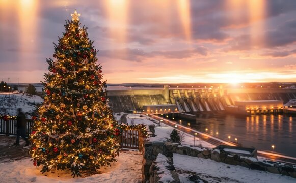 Festive Christmas tree glowing outdoors near a hydroelectric dam at winter sunset for holiday concepts
