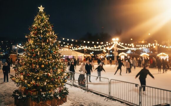 Festive outdoor ice rink at winter holiday market with decorated Christmas tree, glowing lights, and people ice skating at night