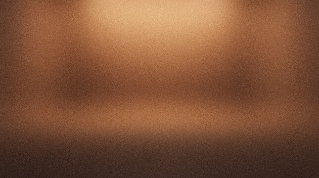 Copper metallic texture background with grainy surface and spotlight. Abstract bronze gradient backdrop for luxury product presentation, elegant brown metallic wall texture for design.