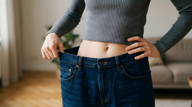 Young fit woman showing successful weight loss results by wearing oversized blue jeans, body transformation and healthy lifestyle concept with slim belly and loose pants in living room
