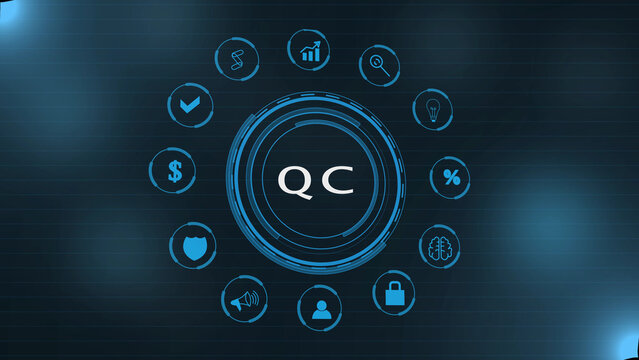 Digital interface featuring the acronym qc surrounded by a circular arrangement of various business and technology against a dark blue background, with glowing light, effects and circular patterns
