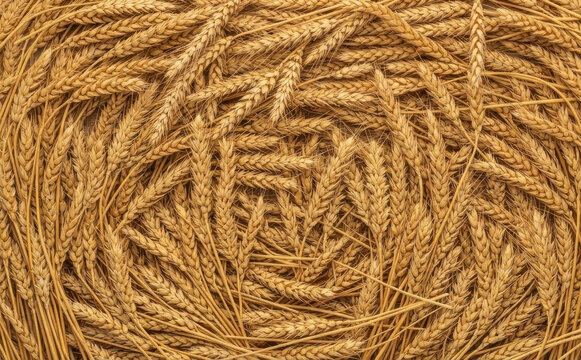 Abstract circular arrangement of golden wheat stalks forming a textured natural pattern symbolizing harvest, agriculture, and organic abundance