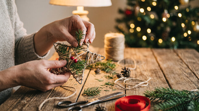 Hands craft a rustic Christmas star ornament with twine and evergreen sprigs. A table holds scissors, ribbon, pinecones, and a tree. Handmade holiday craft and sustainable decor concept.