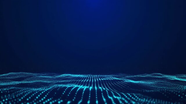 Abstract data wave made of fine cyan particles flowing gently along bottom with upper copy space