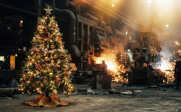 Christmas tree inside a heavy industrial steel factory with glowing lights and sparks symbolizing contrast and unusual holidays