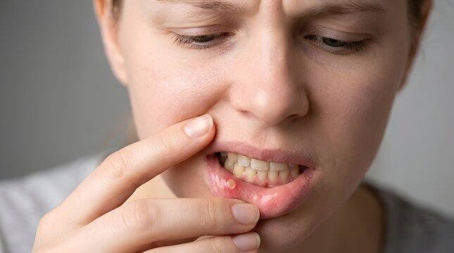 Close-up shot of a young woman showing a painful white mouth ulcer or canker sore on her lower inner lip, highlighting oral health issues, aphthous stomatitis, mucosal inflammation, and dental pain.