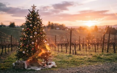 Obraz premium Decorated Christmas tree standing outdoors in a vineyard during a scenic sunset, holiday greeting card concept