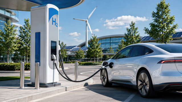 White electric car charging at hydrogen fuel station with wind turbine and solar panels in background. Clean energy transportation and zero emissions concept. Sustainable mobility for eco future