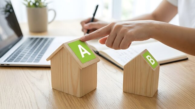 Close up of a person choosing between two miniature wooden house models labeled A and B on a wooden desk with a laptop and notebook, representing real estate decision making and property investment