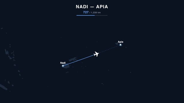 Flight route from Nadi to Apia animated on a world map. Seamless looping 4K travel animation, 1,239 km.