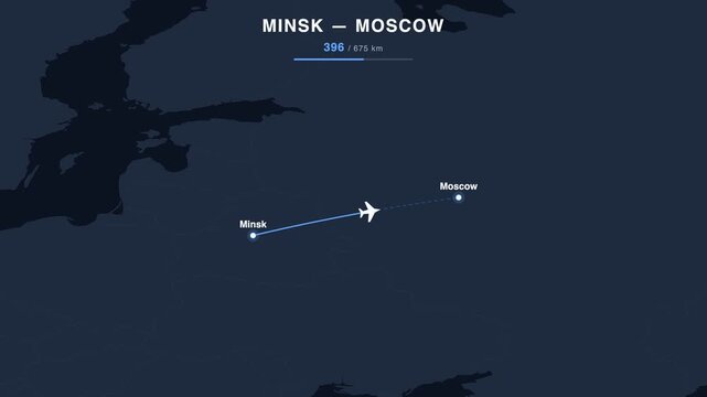 Flight route from Minsk to Moscow animated on a world map. Seamless looping 4K travel animation, 675 km.