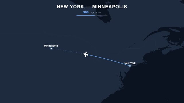 Flight route from New York to Minneapolis animated on a world map. Seamless looping 4K travel animation, 1,636 km.