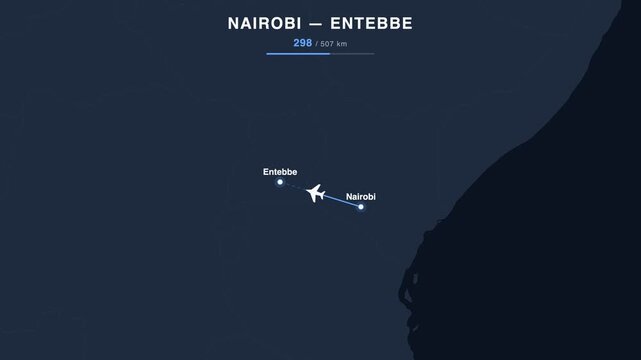 Flight route from Nairobi to Entebbe animated on a world map. Seamless looping 4K travel animation, 507 km.