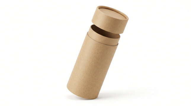 Kraft cardboard cylinder tube packaging mockup with open lid on white