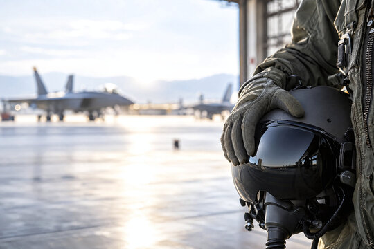 Close Up Military Pilot Hand Holding Flight Helmet Aviation Forces