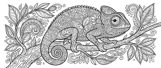 Fototapeta premium Intricate Chameleon Illustration on Tree Branch, Zentangle Style
