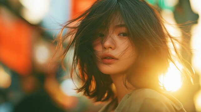 A cinematic portrait of a young Japanese woman bathed in evening light, her hair blowing in the breeze
