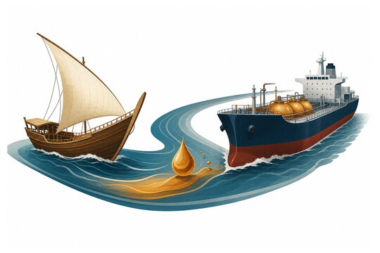 Antique map style dhow and a tanker sharing one curved sea lane ribbon