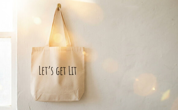 Canvas Tote Bag with Let Us Get Lit Text Hanging on White Wall Mockup for Merchandise Design