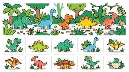 Cute cartoon dinosaurs in prehistoric jungle setting © ladawe