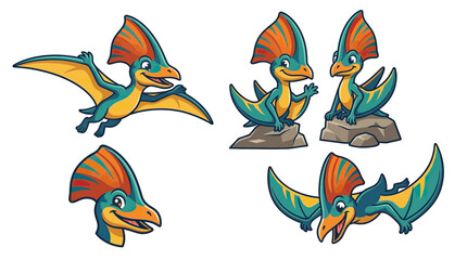 Fototapeta premium Cute Cartoon Pterodactyl Set Isolated Transparent Background
