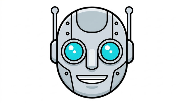 Smiling robot head vector icon with glowing blue eyes