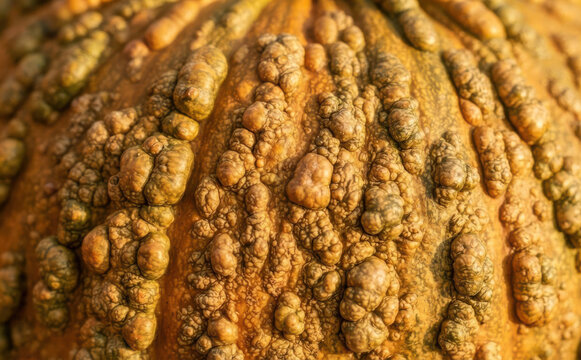 Bumpy textured heirloom pumpkin skin closeup background showing warts and ridges on an organic winter squash for seasonal autumn harvest designs