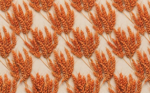 Seamless pattern of ripe wheat ears on light background, abstract agricultural background for harvest design, autumn texture