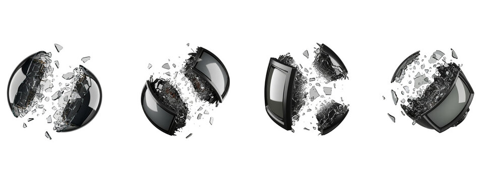 Shattered vintage television screens exploding into glass fragments on black