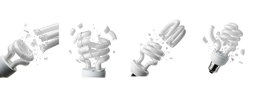 Shattered white energy saving light bulbs isolated on black background