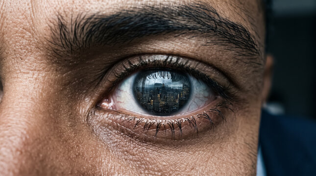 A close-up shot of a human eye, reflecting a cityscape, symbolizing introspection and the world within