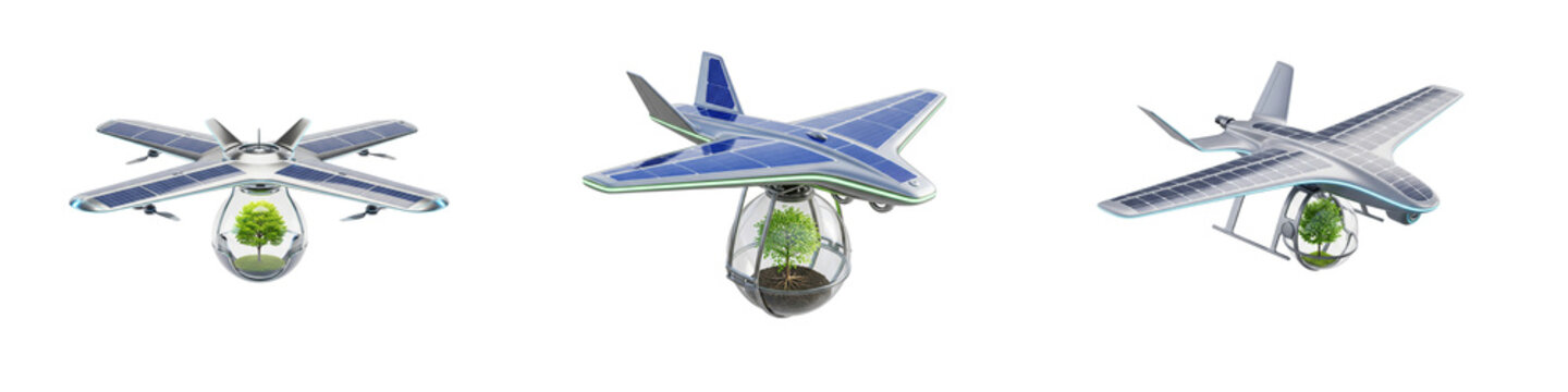Solar powered drones and airplanes carrying trees in glass bubbles