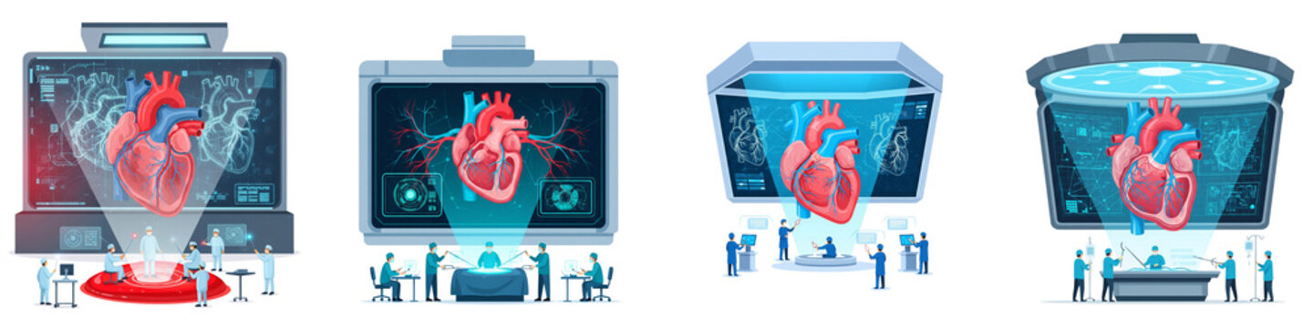 Surgeons performing robotic heart surgery with holographic medical displays