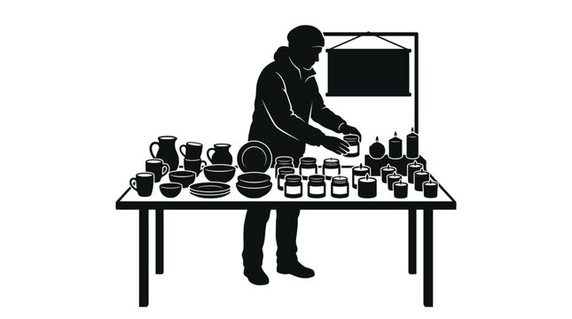 Black silhouette of a small business owner arranging handmade ceramic pottery and scented wax candles on a white market table display for local shopping event