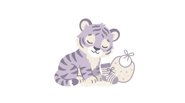 A cute pastel purple baby tiger sits peacefully with its eyes closed next to a tiny baby bib and knitted bootie.