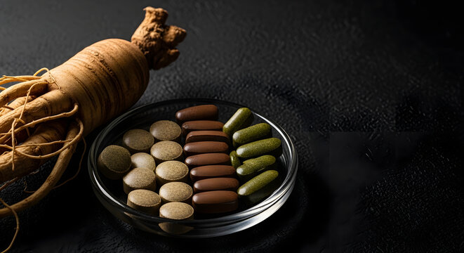 Ginseng root with herbal capsules display.