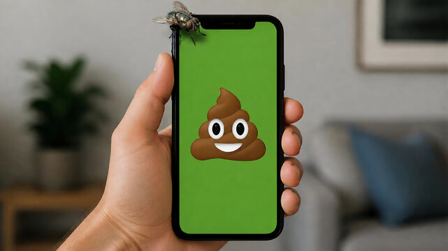 A person holds a smartphone displaying a smiling poop emoji on screen, with a fly sitting on top of the phone.