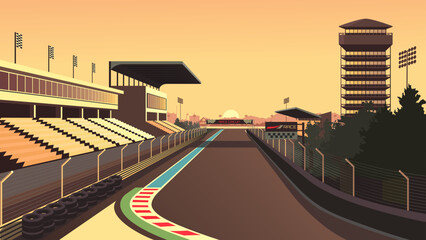 Fototapeta premium Vector illustration of a racing track circuit at sunset