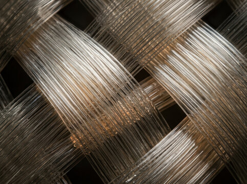 Transparent fiberglass weave texture. Macro view of woven glass strands. Industrial material detail