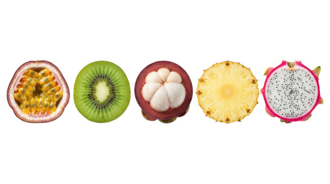 Row of sliced tropical fruits isolated on white background