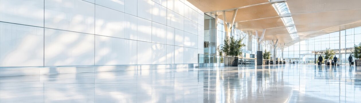 Modern airport terminal interior view with sleek white walls and reflective flooring in a bright spacious architecture setting