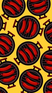 Animated seamless pattern of red grilled sausages on black barbecue grills with a bright yellow background