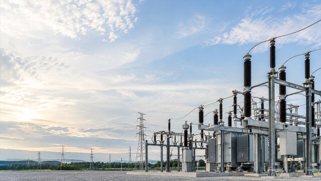 High voltage electrical substation infrastructure with power lines and transformer equipment under a dramatic blue sky at sunset