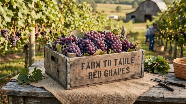 Fresh red grapes in a wooden crate with farm to table text sitting on a rustic table in a vineyard with blurred workers and a barn in the background during a sunny harvest day in autumn