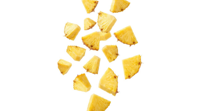 Falling pineapple slices isolated on white background