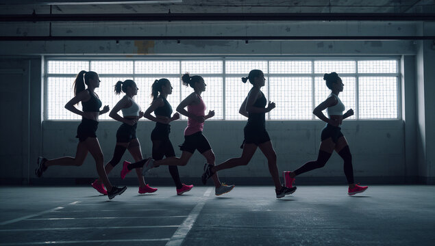 Stroboscopic multiple exposure photo of a fit young woman running inside an industrial garage fitness training concept