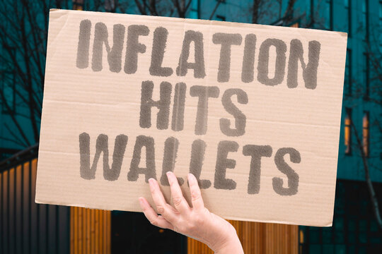 "Inflation hits wallets" Rising prices reducing purchasing power of savings and earnings. INFLATION. PURCHASING. COST. HARDSHIP.
