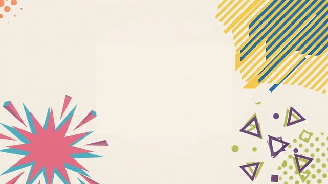 Abstract Retro Memphis Style Motion Background with Colorful Geometric Shapes, Halftones, and Starburst. Pop Art Frame Loop for Presentation.