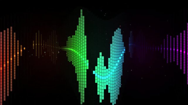 Rainbow digital audio spectrum visualizer with glowing pixel bars. Vibrant neon sound wave frequency equalizer on black background. Colorful electronic music signal for dj backgrounds. High